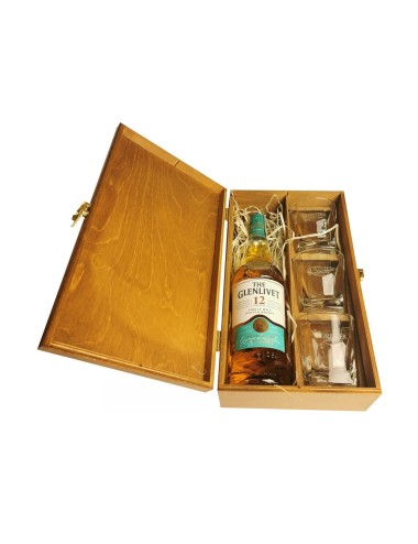 GLENLIVET 12YO WHISKY 0,7 40% W SKRZYNCE DREWNIANEJ + 3 SZKLANKI