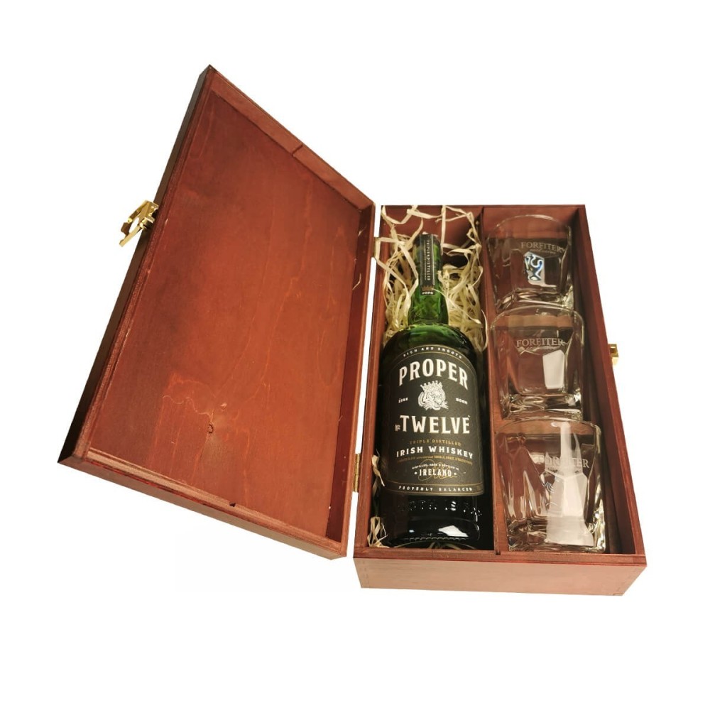 PROPER NO. TWELVE IRISH WHISKEY 0,7L 40% W SKRZYNCE DREWNIANEJ + 3 SZKLANKI