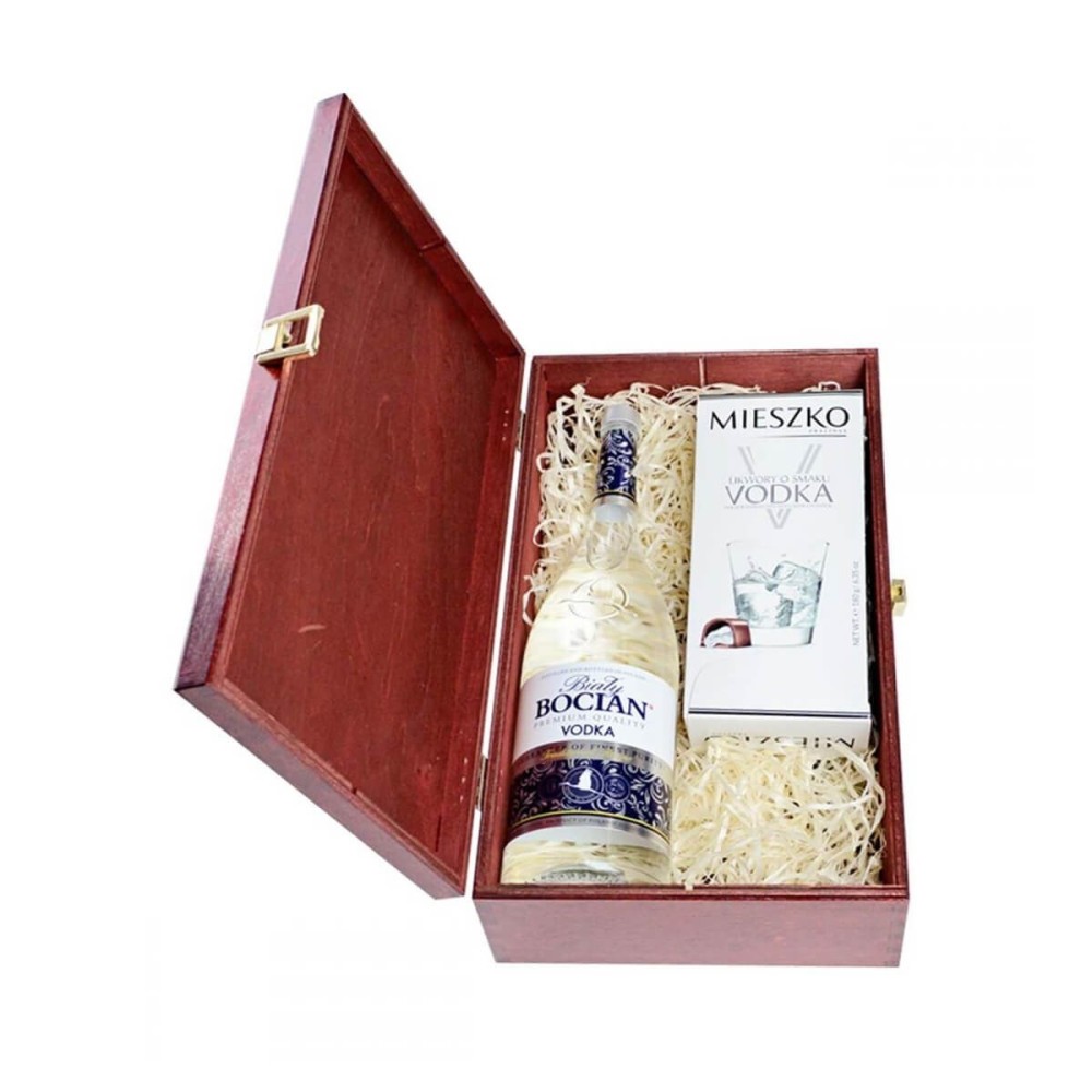 BIAŁY BOCIAN WÓDKA 0,7L 40% W SKRZYNCE DREWNIANEJ + CZEKOLADKI