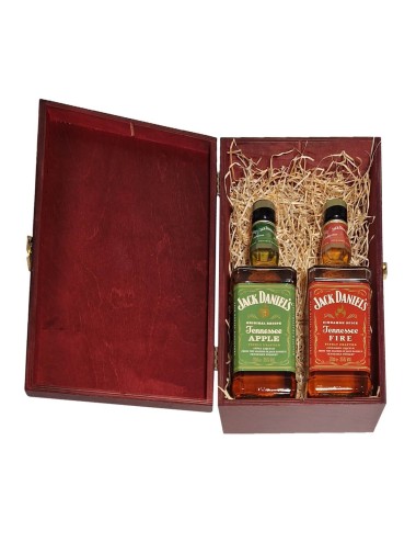 ZESTAW DWÓCH LIKIERÓW JACK DANIEL'S W SKRZYNCE DREWNIANEJ (ZESTAW 1)