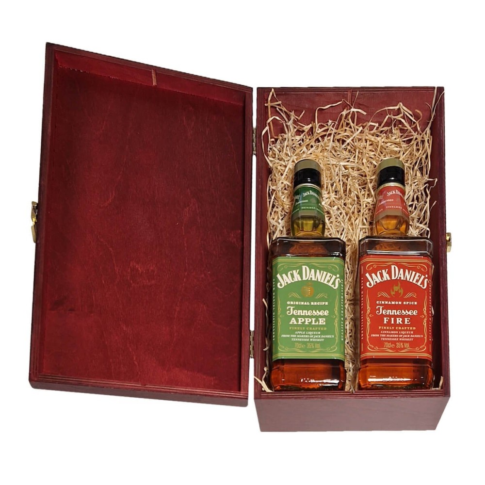 ZESTAW DWÓCH LIKIERÓW JACK DANIEL'S W SKRZYNCE DREWNIANEJ (ZESTAW 1)