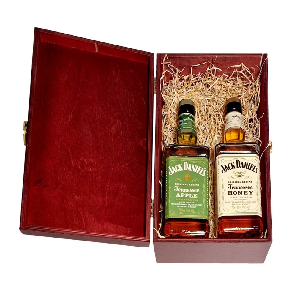 ZESTAW DWÓCH LIKIERÓW JACK DANIEL'S W SKRZYNCE DREWNIANEJ (ZESTAW 2)