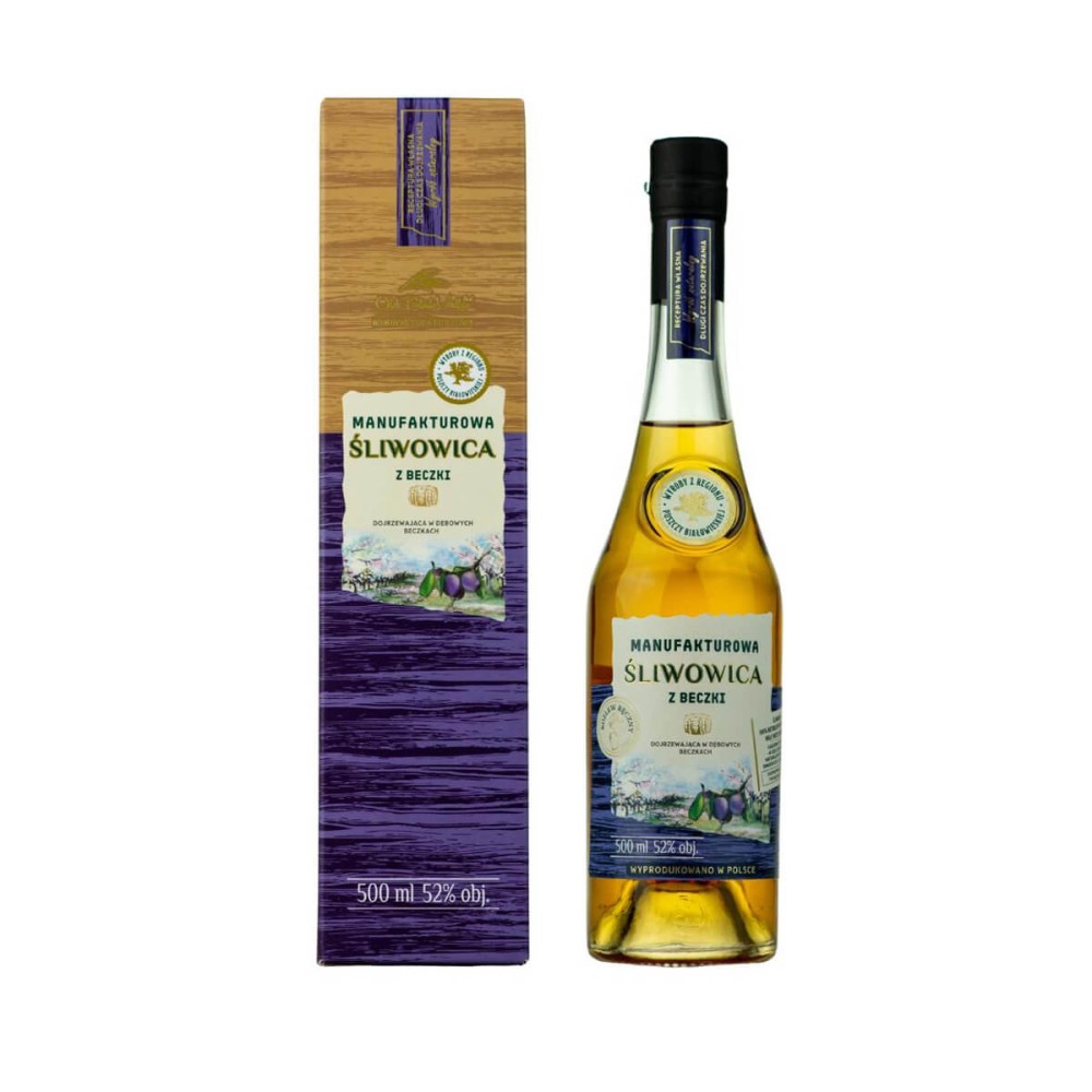 MANUFAKTUROWA WÓDKA ŚLIWOWICA Z BECZKI 0,5L 52% + KARTON